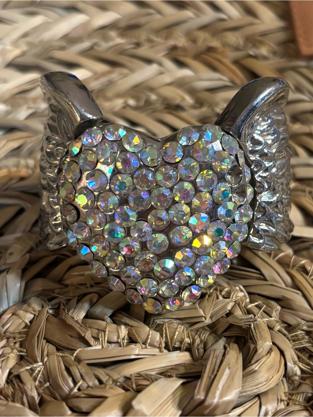 Silver Heart Wing Crystal cuff bracelet - Iridescent Stones